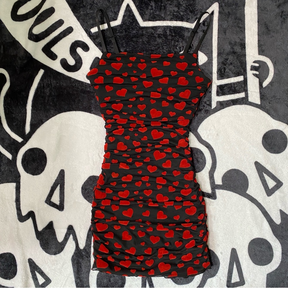 NWT Sugar Thrillz Noir Rise and Fall Mesh Mini Dress w/ Hearts, Size Small